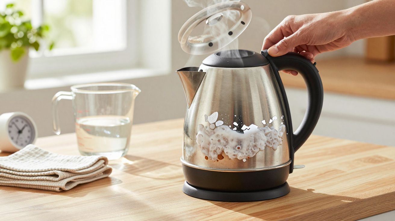 Chaleira elétrica de aço inoxidável a ferver com vapor, tampa aberta e mão a segurá-la. Copos e panos ao fundo.