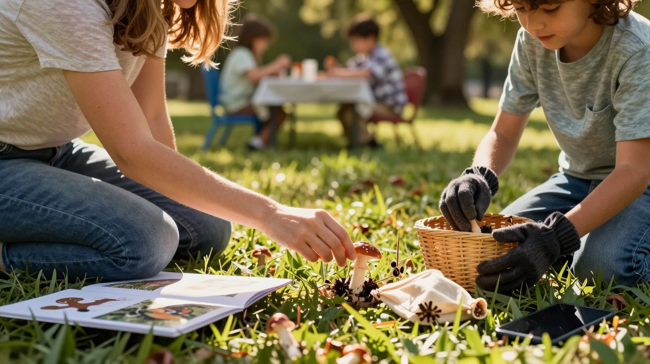 Duas crianças colhem cogumelos num campo enquanto outras duas brincam numa mesa ao fundo.