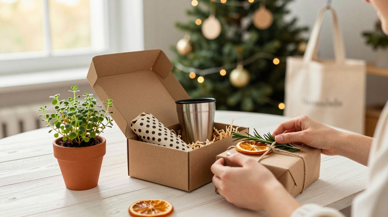 Presente em embalagem de papel kraft com caneca térmica, ao lado de planta e árvore de Natal decorada ao fundo.