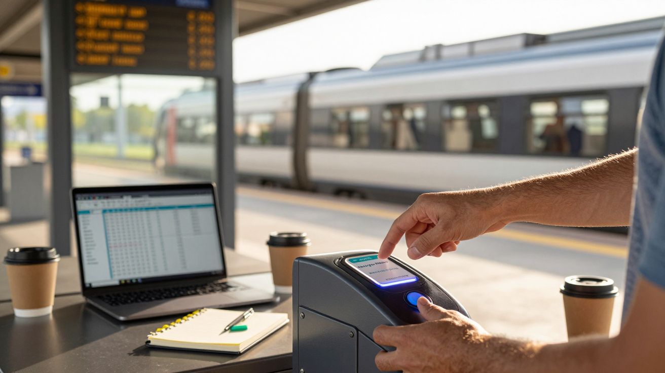 Pessoa valida bilhete eletrónico numa estação de comboios, com portátil e cafés sobre a mesa.