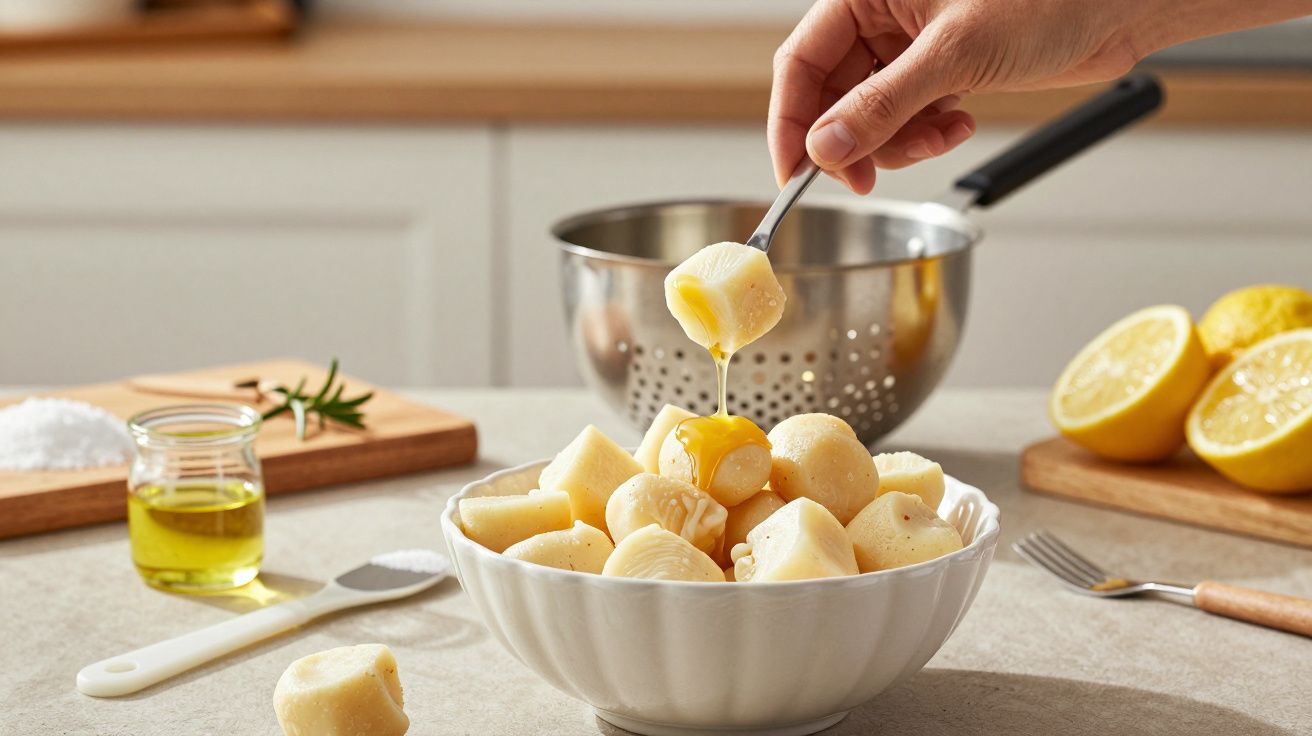 Mão segurando garfo com mandioca cozida, ao lado de uma taça e outros ingredientes na cozinha.