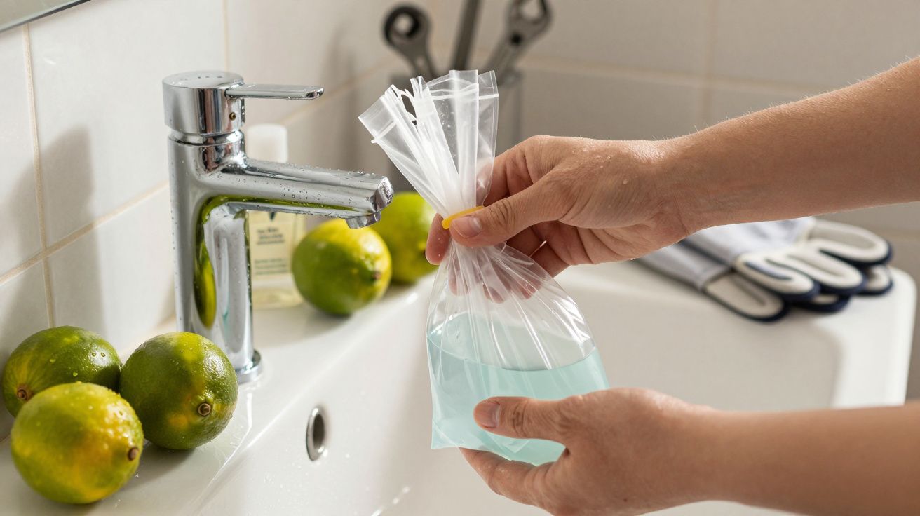 Mãos seguram saco com água azul perto de torneira em lavatório, com limões ao lado.