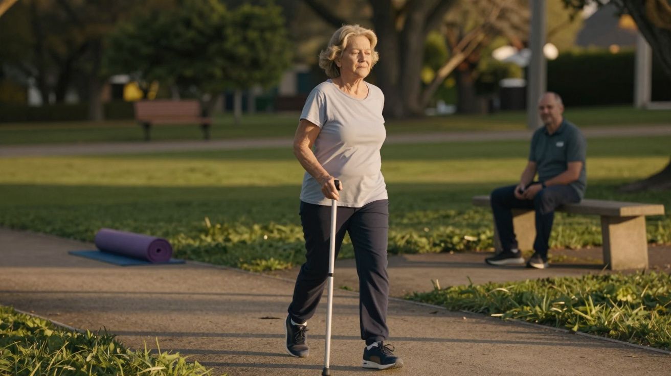 Mulher idosa caminhando com uma bengala em um parque, com um homem sentado num banco ao fundo.