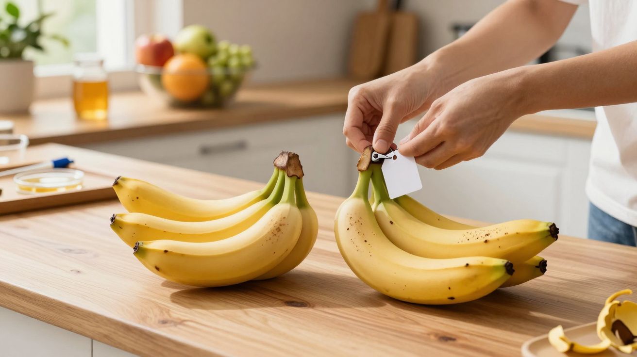 Duas mãos seguram bananas enquanto uma etiqueta é colocada num cacho, num balcão de cozinha.