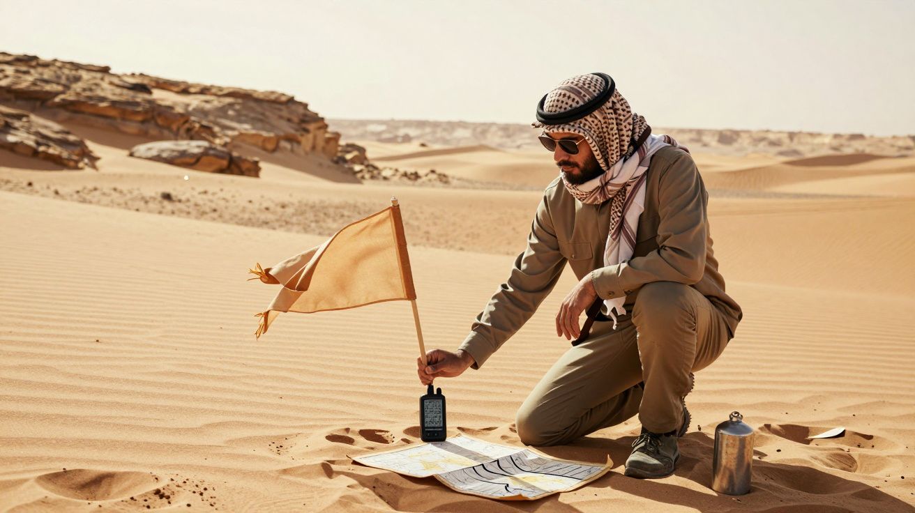 Homem agachado no deserto, segura uma bandeira e usa um mapa, com garrafa térmica ao lado.