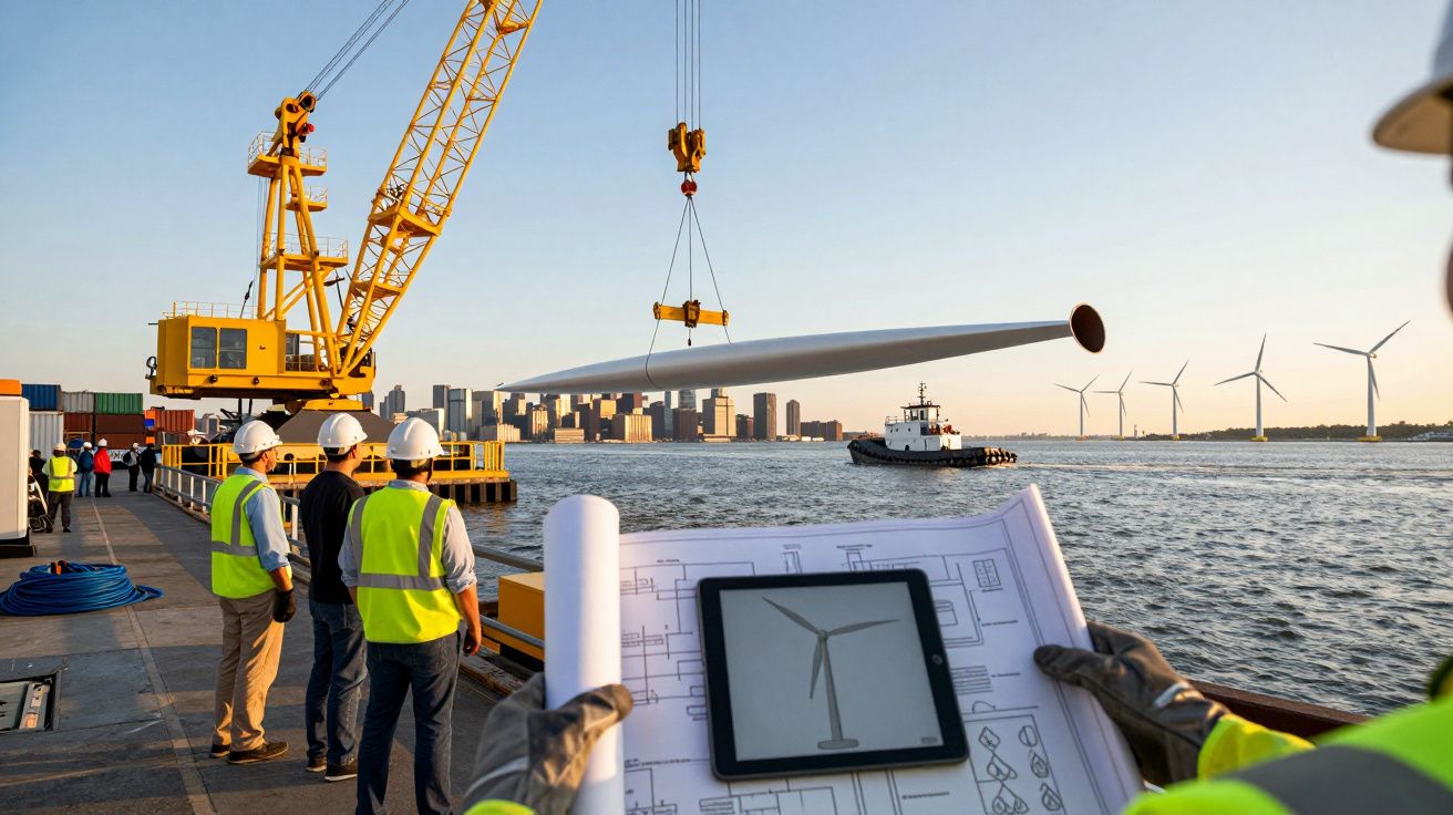Pessoas em cais observam uma hélice gigante sendo levantada por guindaste, com turbinas eólicas ao fundo.