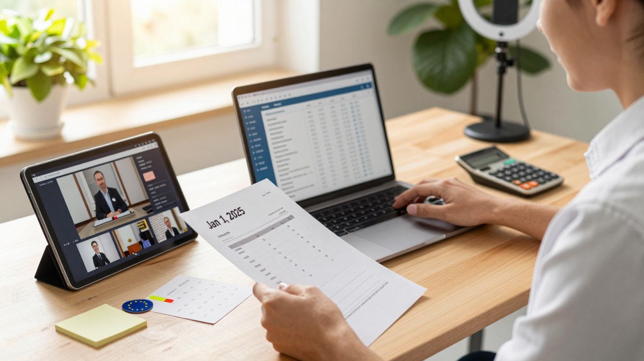 Pessoa a trabalhar remotamente com portátil, tablet, calendário e calculadora em secretária organizada.