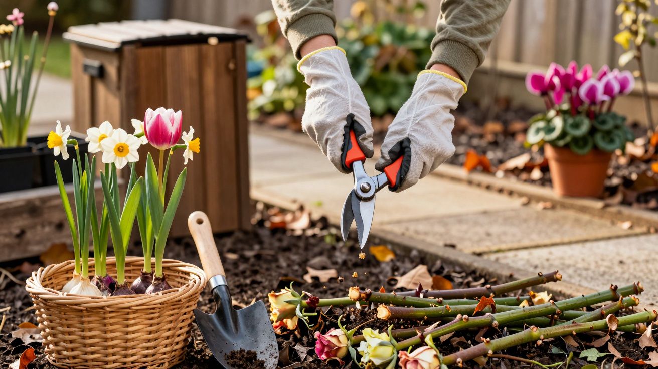 Pessoa de luvas a podar plantas num jardim com flores e ferramentas ao redor.