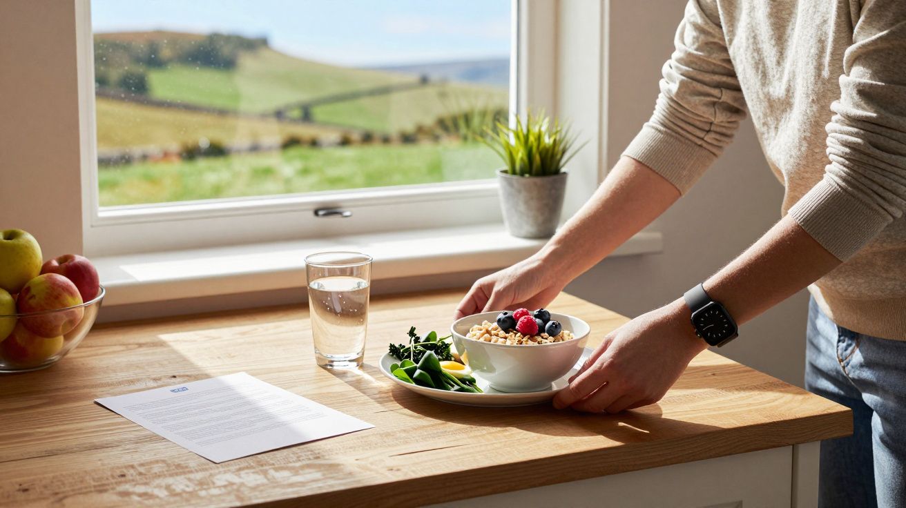 Pessoa coloca taça de cereais e fruta fresca numa mesa de madeira, junto a janela com vista campestre.