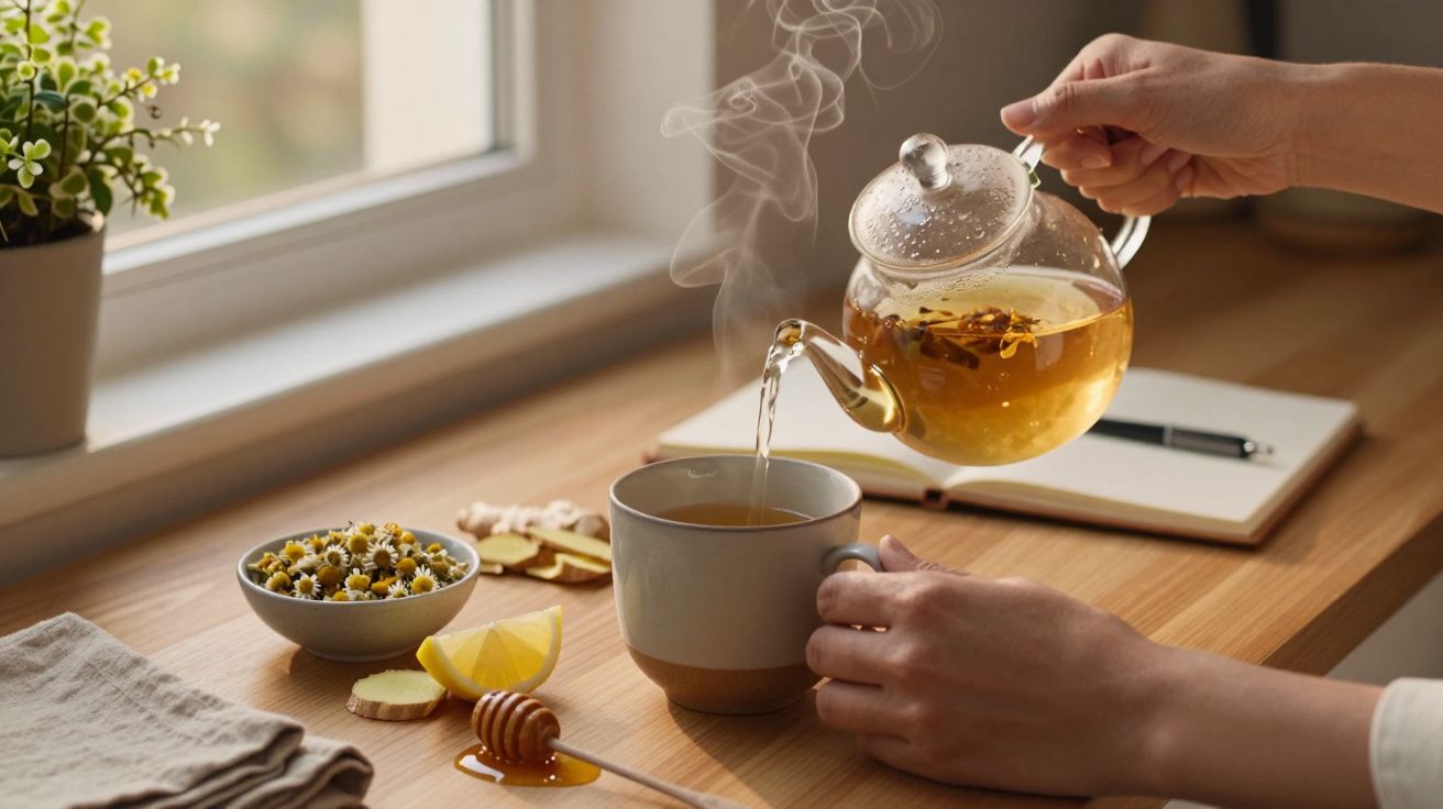 Pessoa a servir chá de camomila numa chávena, com mel, limão e gengibre.