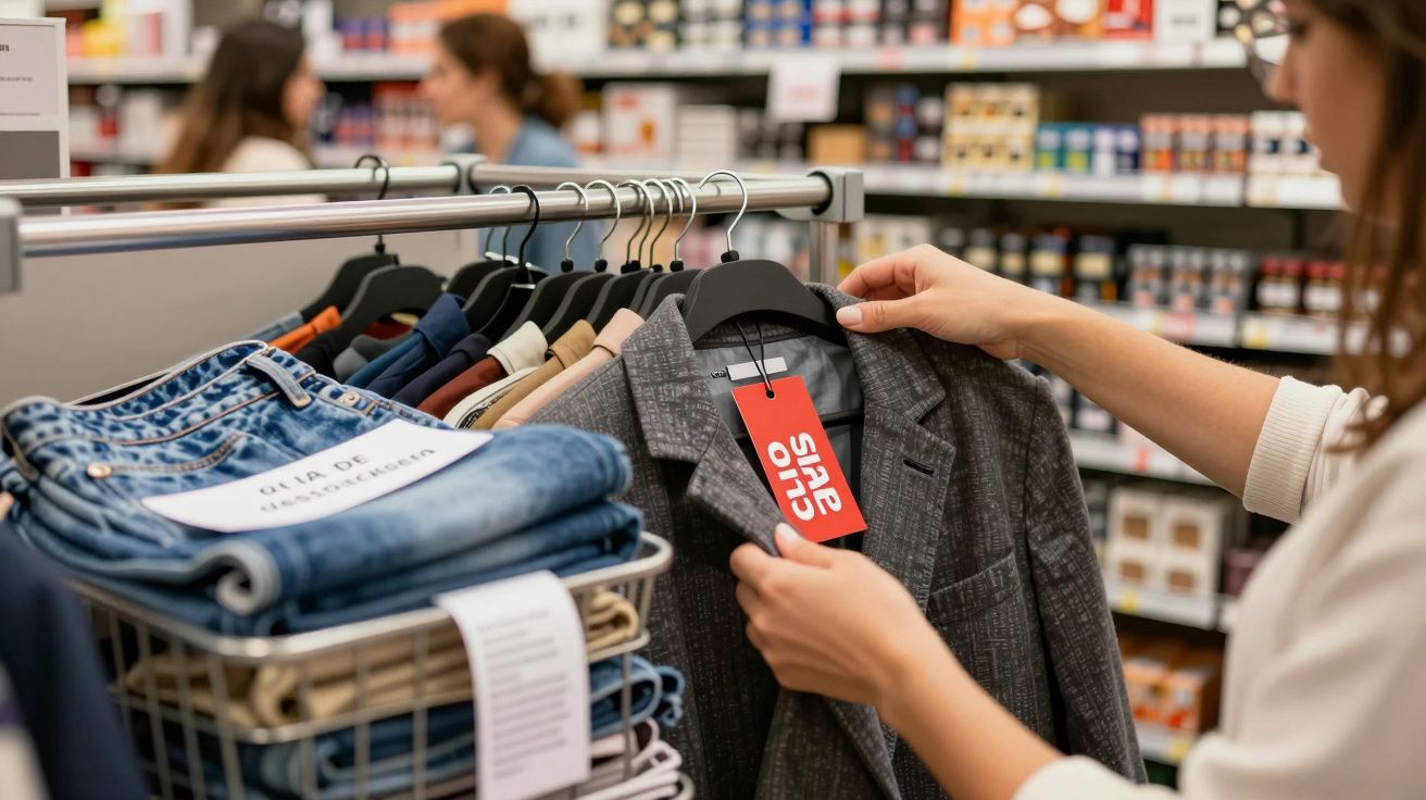 Pessoa examina casaco cinza em loja de roupas, com etiquetas de desconto e jeans ao lado.