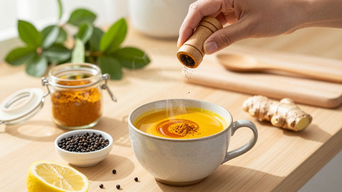 Mão polvilha pimenta em chá de cúrcuma numa chávena. Ao lado, gengibre, limão e potes com especiarias sobre a mesa.