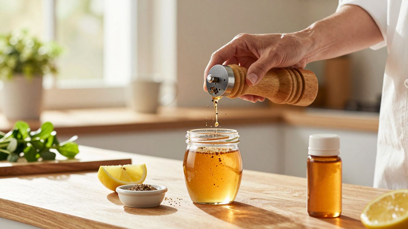 Pessoa a temperar mel num frasco com pimenta-moída, ao lado de limão e ingredientes numa cozinha iluminada.