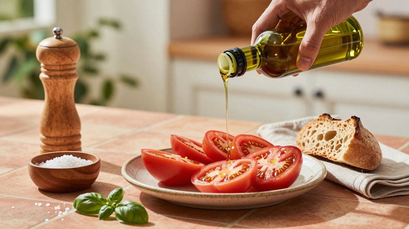 Tomates fatiados num prato, sendo regados com azeite. Ao lado, pão, manjericão, saleiro e pimenteiro.