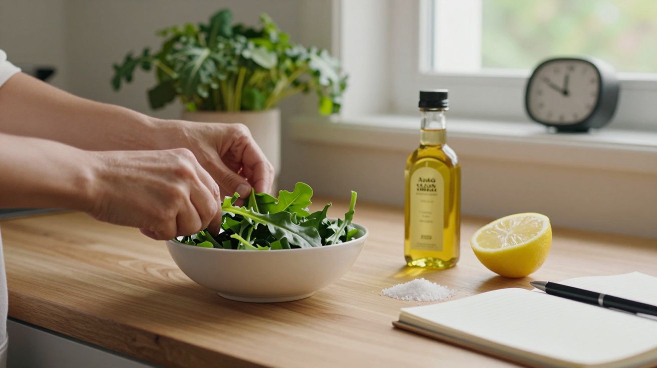 Pessoa prepara salada de folhas verdes numa tigela branca, com azeite, sal, limão e caderno ao lado, em bancada de madeira.