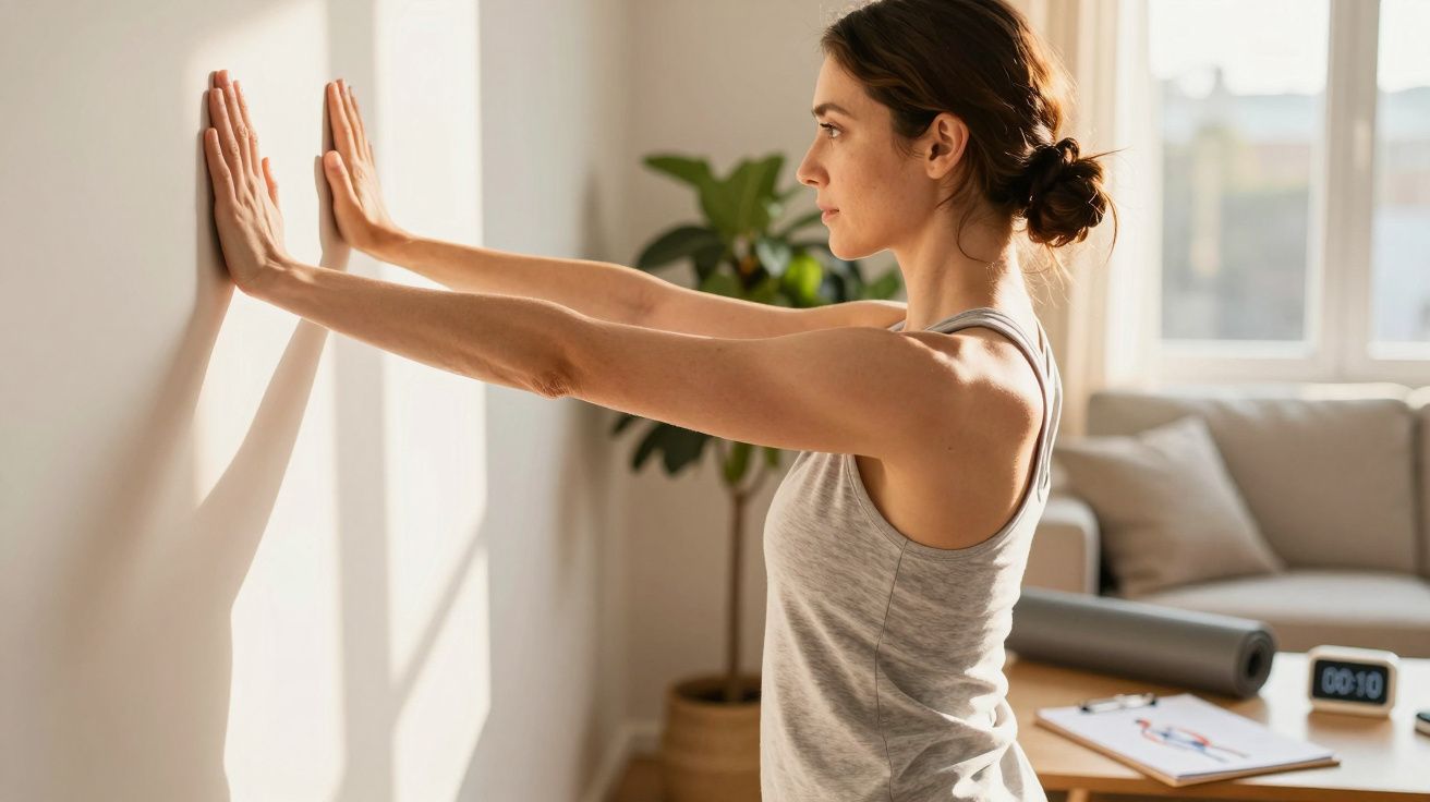 Mulher a fazer alongamento com as mãos numa parede, em sala iluminada pelo sol.