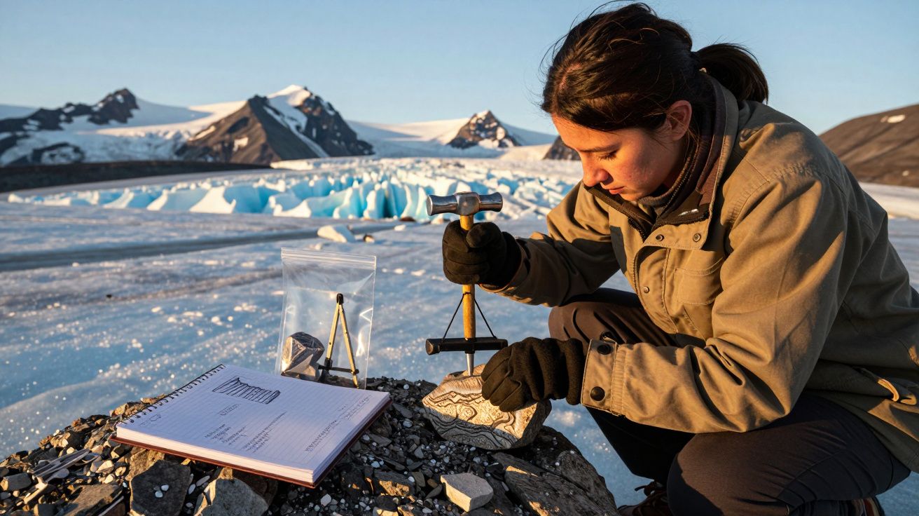Investigadora analisa amostra de rocha em paisagem ártica com glaciares e montanhas ao fundo.