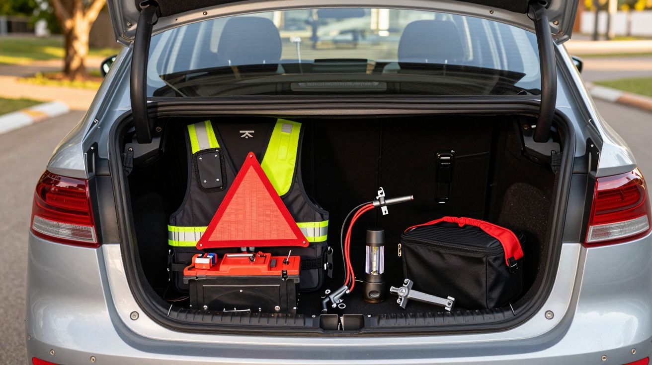 Porta-malas aberto com colete refletor, triângulo de sinalização e ferramentas de emergência organizadas.