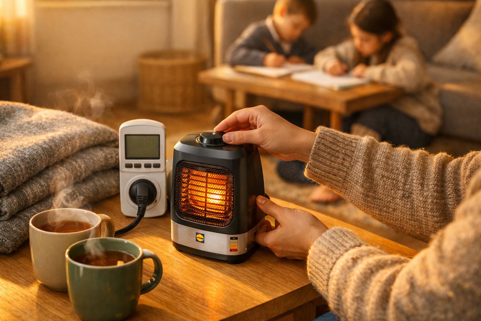 Mulher ajusta humidificador em mesa, enquanto criança usa smartphone no sofá.