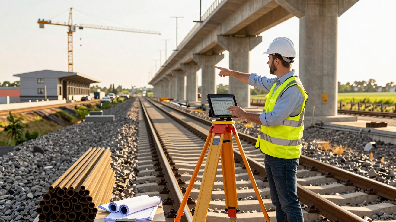 Engenheiro de capacete e colete refletor usa tablet perto de linha férrea em construção.