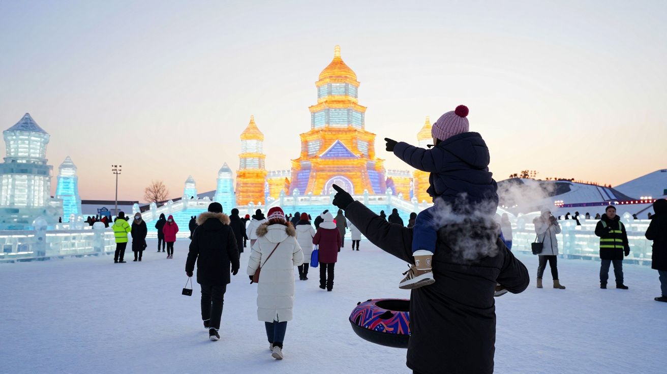 Pessoa carrega criança ao ombro enquanto aprecia esculturas iluminadas de gelo sob céu crepuscular.