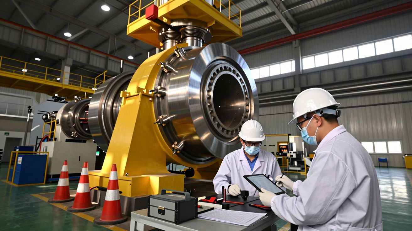 Dois técnicos de capacete e máscara inspecionam grande componente industrial numa fábrica.