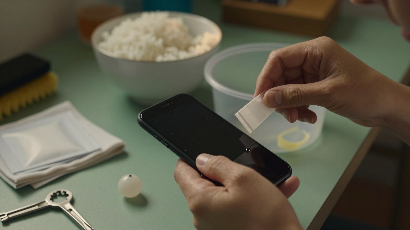 Pessoa limpa smartphone em mesa com chave, arroz e recipiente plástico.