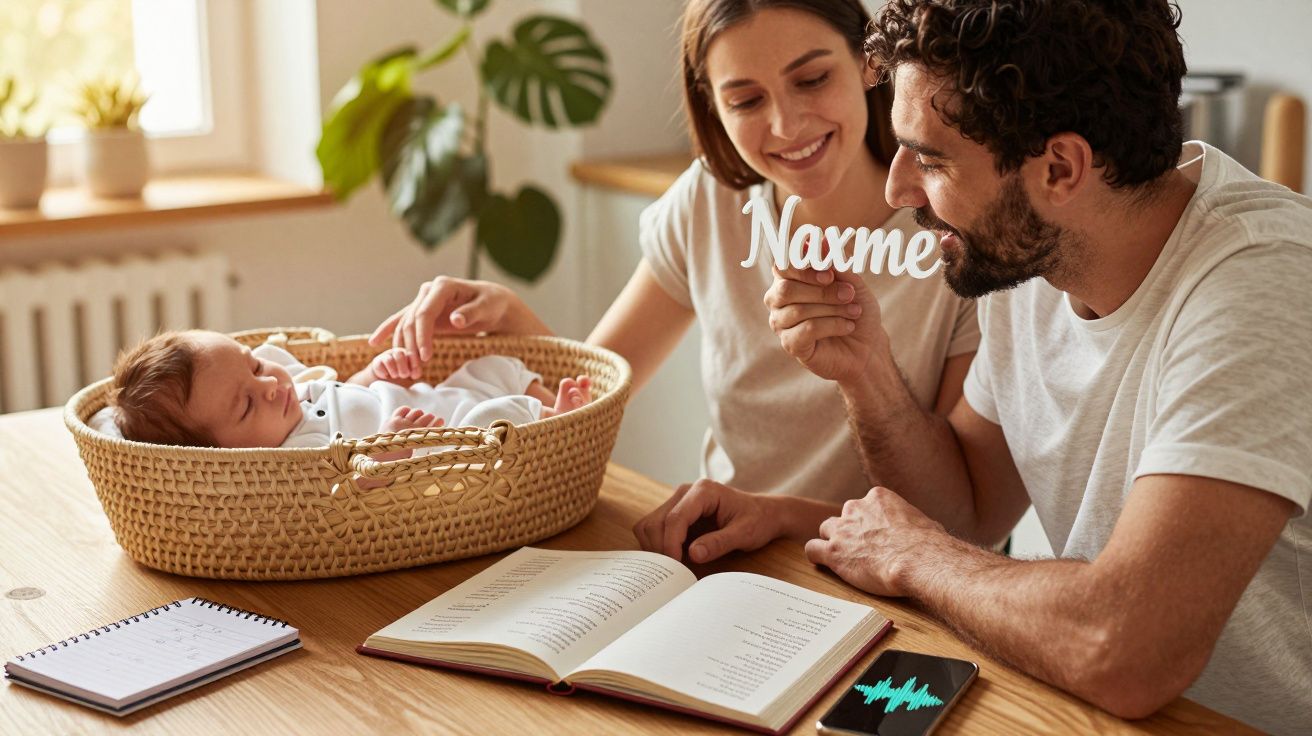 Casal sorridente com bebé a dormir em cesto, a escolher nome de bebé com livro e bloco de notas na mesa.