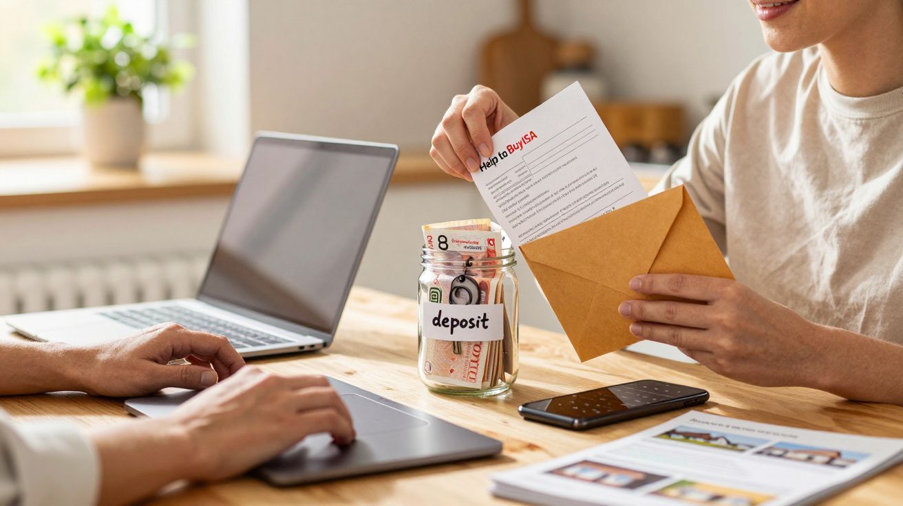 Pessoa guarda um documento num envelope com frasco de dinheiro ao lado, enquanto outra usa um portátil numa mesa de madeira.