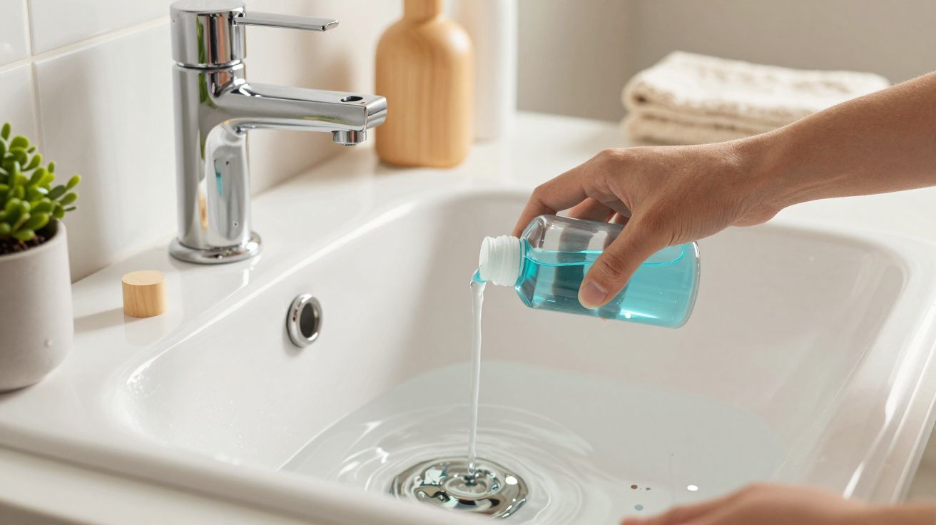 Mão despejando líquido azul de um frasco transparente em lavatório branco com torneira prateada.