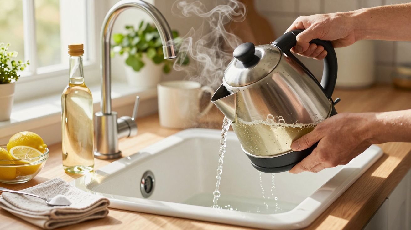 Mãos a verter água de chaleira elétrica inox na pia da cozinha, com limões e azeite sobre a bancada ao lado.