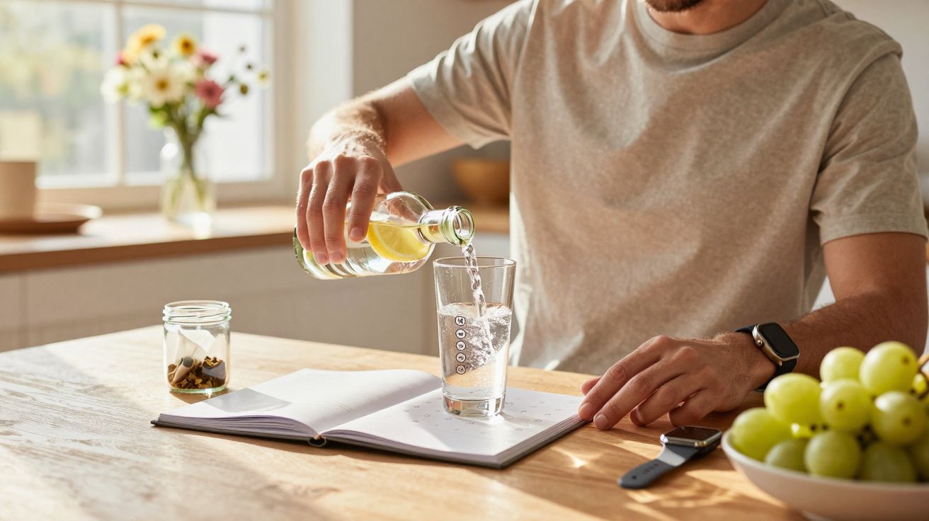 Homem serve água num copo ao lado de um caderno aberto e tigela de uvas numa mesa de madeira.