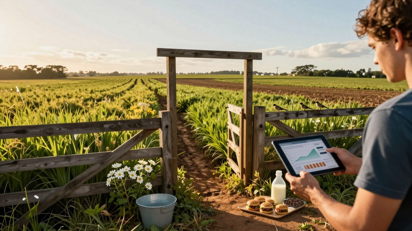 Homem usando tablet em campo agrícola, portão aberto, balde e alimentos no chão.