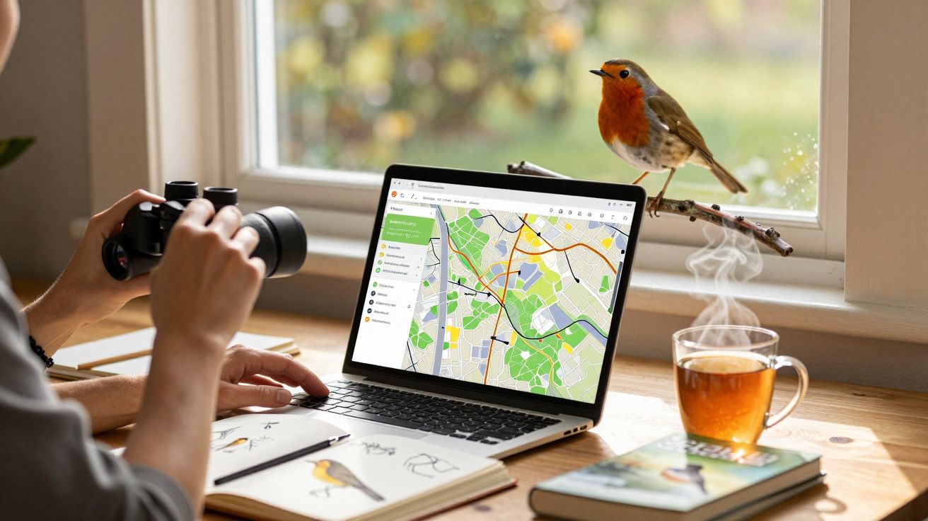 Pessoa a observar aves com binóculos perto de portátil com mapa, chá fumegante e pássaro na janela.