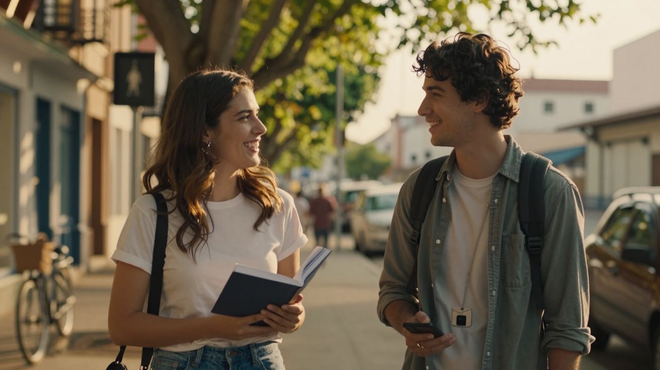 Dois jovens caminham na rua, conversando e sorrindo, com árvores e bicicletas ao fundo.