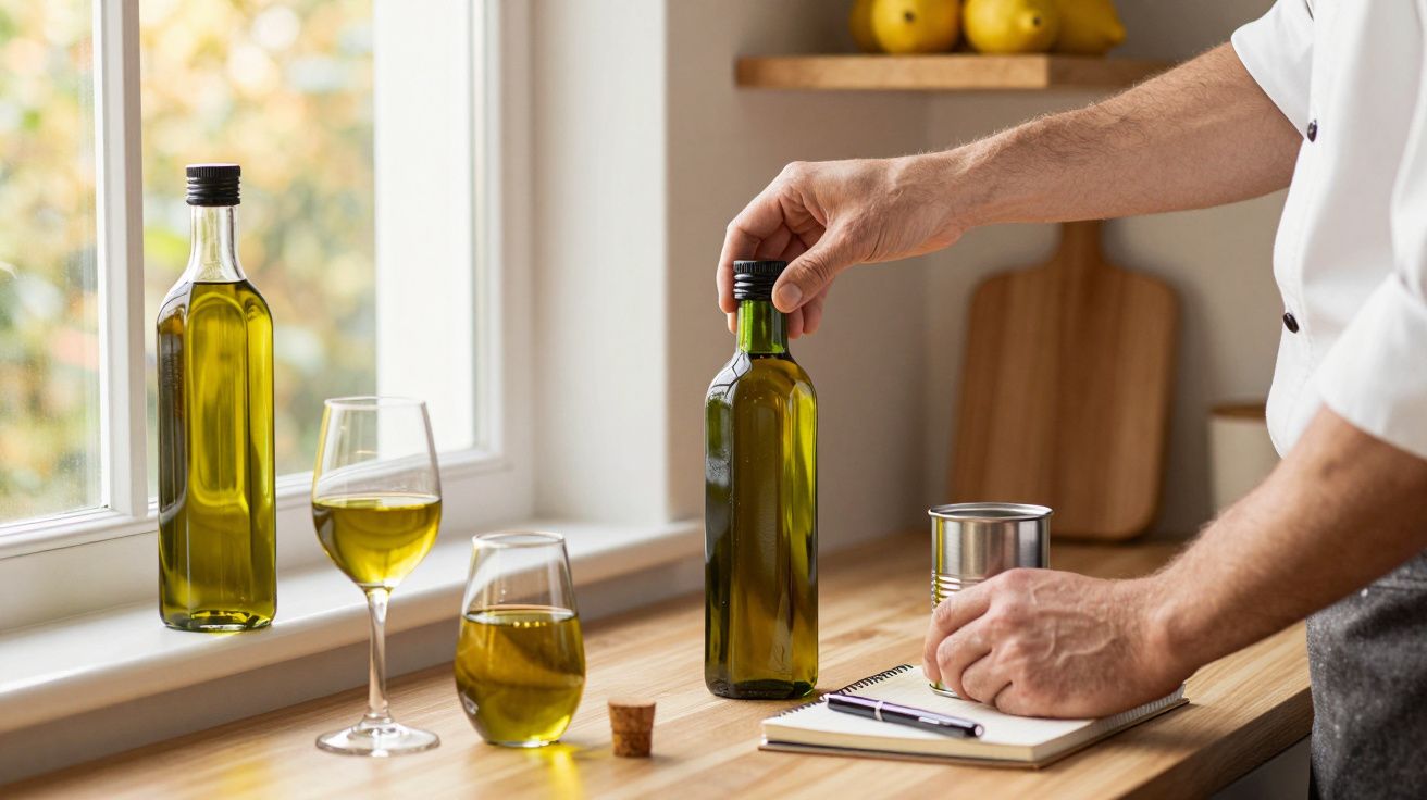 Homem segurando garrafa de azeite numa cozinha, cercado por copos e outra garrafa na mesa junto à janela.