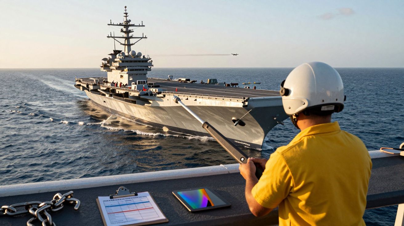 Homem de capacete observa porta-aviões no mar, com prancheta e tablet sobre a mesa ao ar livre.