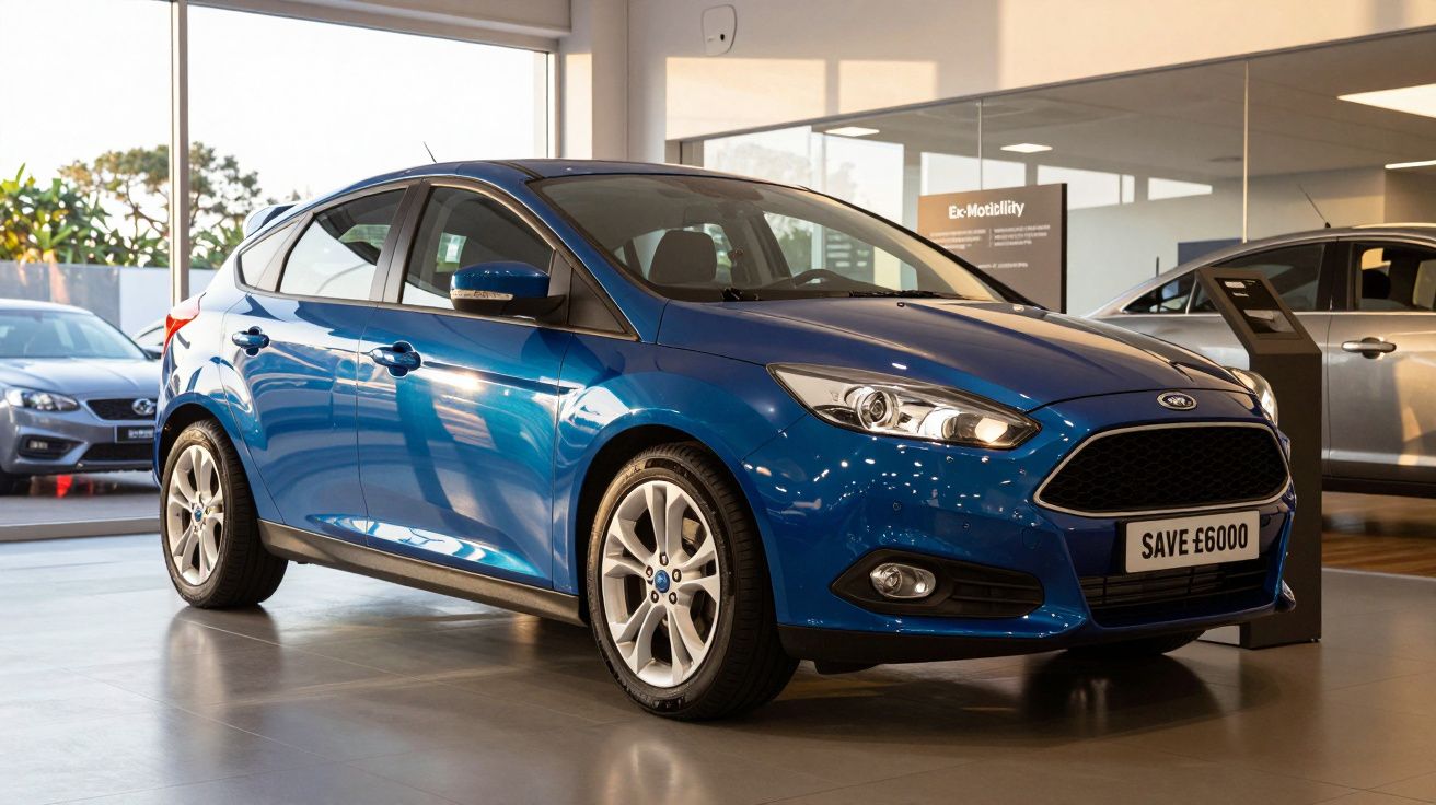 Carro azul em exposição num salão automóvel, com letreiro "SAVE £6000".