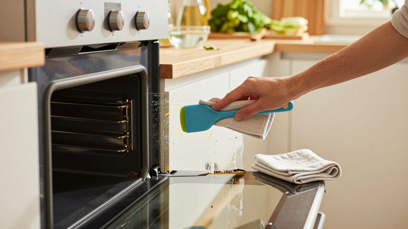 Pessoa a limpar a porta do forno com uma escova azul e um pano, numa cozinha iluminada pelo sol.