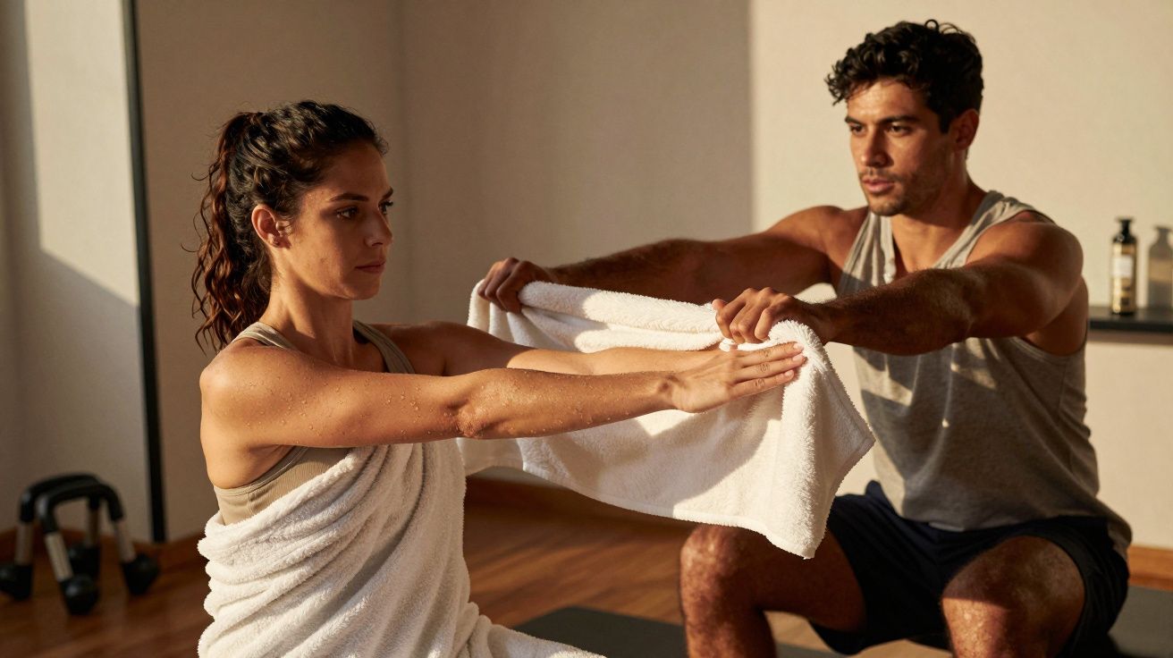 Dois indivíduos a fazer exercício com uma toalha numa sala de ginásio bem iluminada.