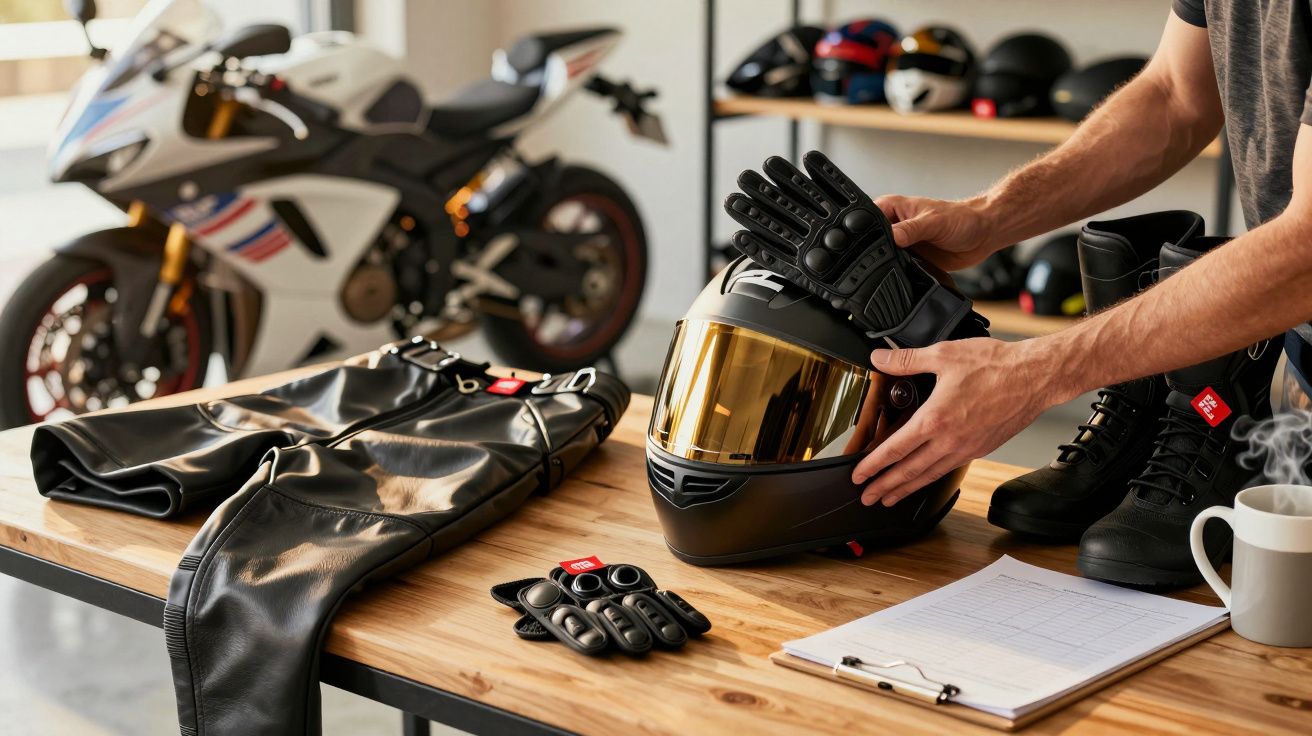 Homem arranja equipamento de motard, incluindo capacete, luvas e fato sobre mesa de madeira; mota desfocada ao fundo.