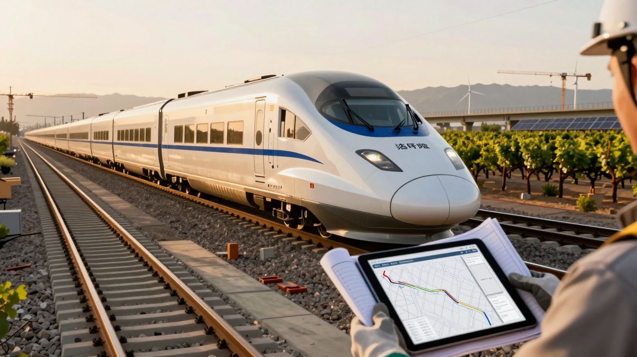 Comboio de alta velocidade em linha férrea, com um trabalhador segurando um tablet exibindo um mapa ao fundo.