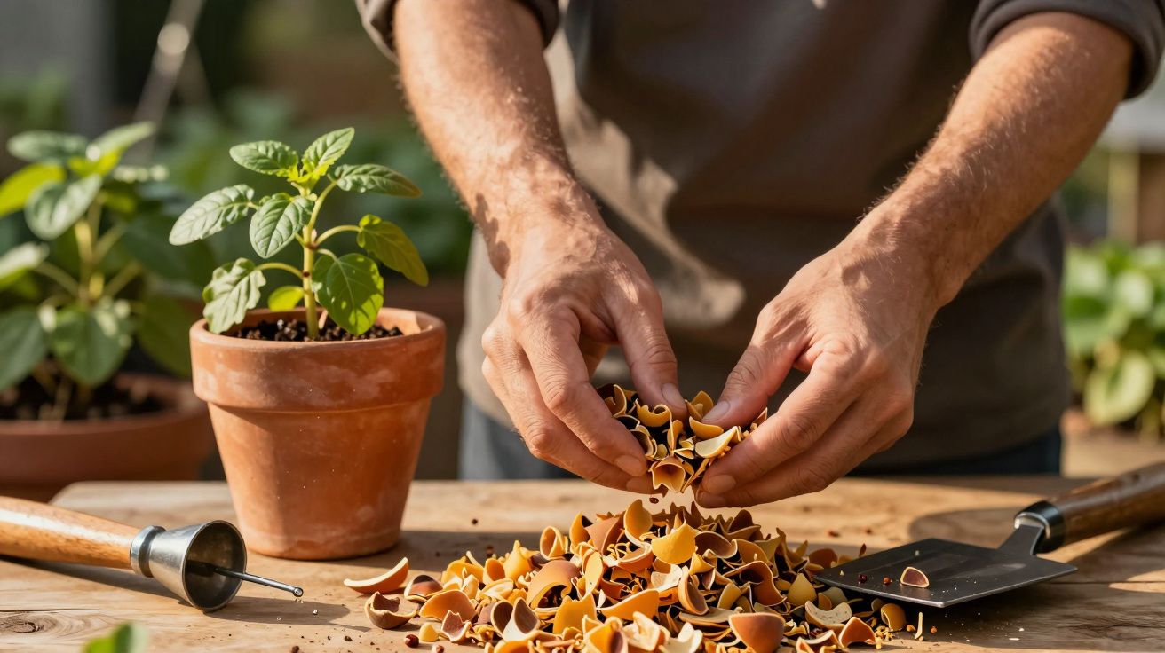 Mãos a manusear aparas de vaso ao lado de uma planta em vaso de barro sobre mesa de jardim com ferramentas.