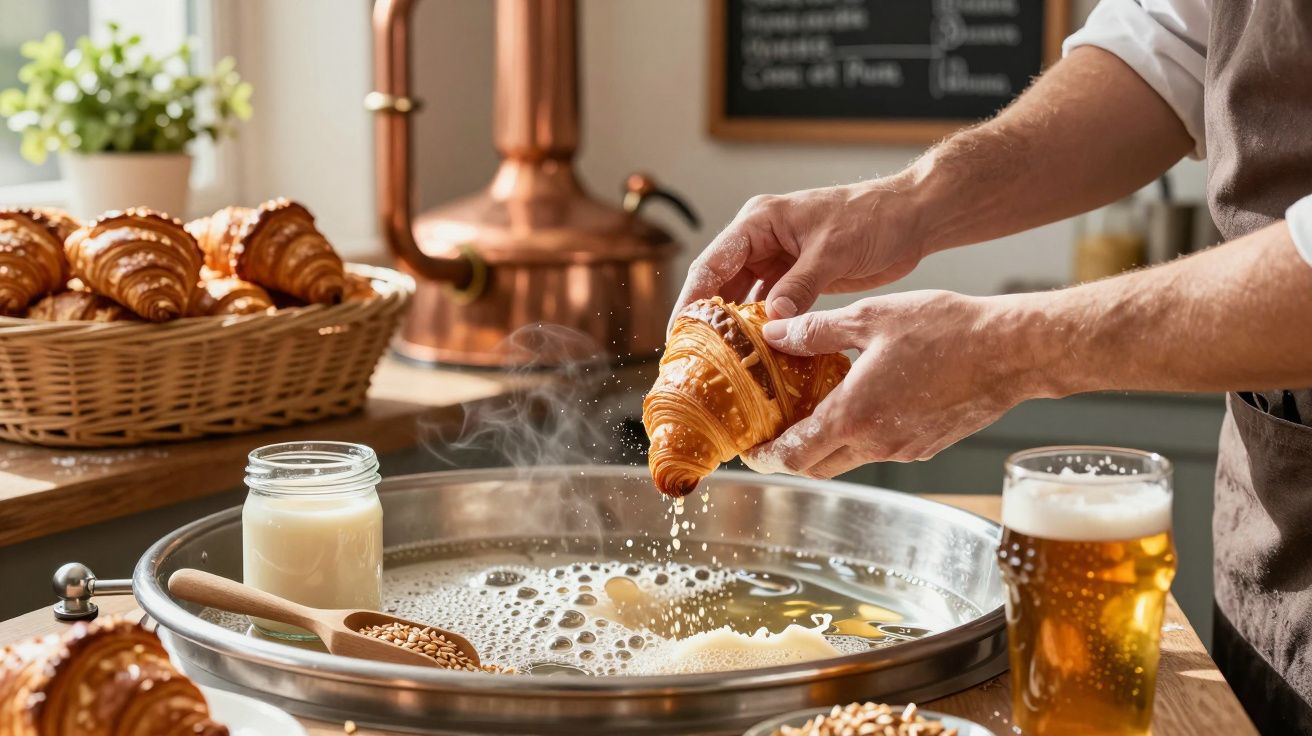 Pessoa prepara croissants sobre uma tigela, com leite, cerveja e cesto de croissants ao fundo, decoração de cozinha rústica.