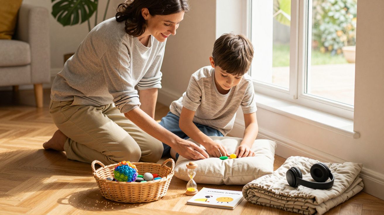 Mulher e criança brincam com brinquedos em casa junto a uma janela, com cesto e almofada no chão de madeira.