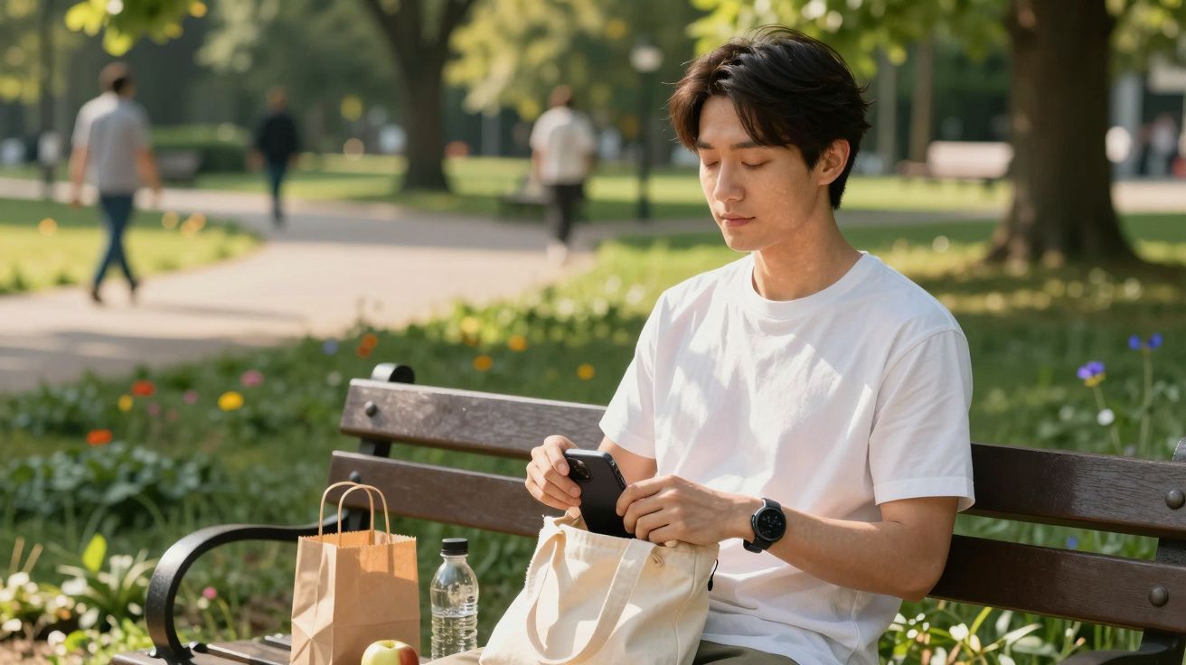 Homem sentado num banco de parque, usando o telefone, com sacos de papel e garrafa de água ao lado, rodeado de árvores.
