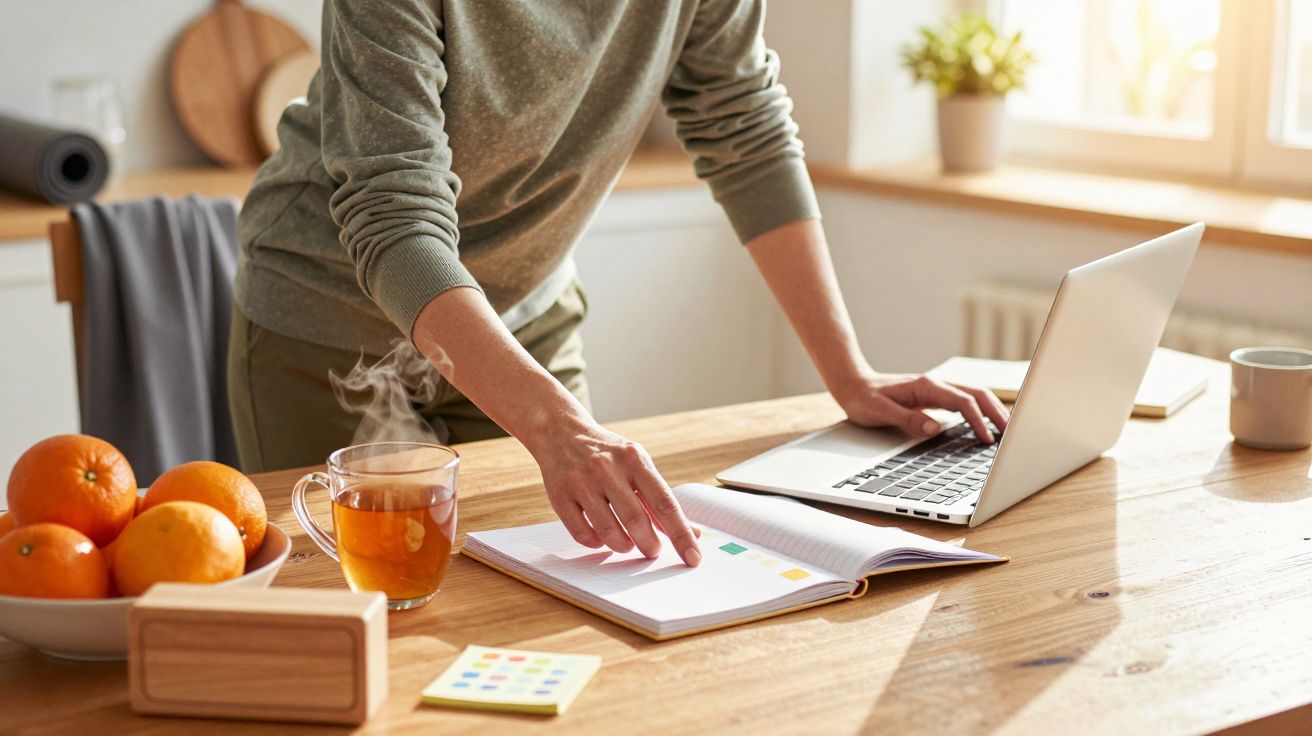 Pessoa trabalha num portátil numa cozinha, com chá e caderno aberto sobre a mesa.