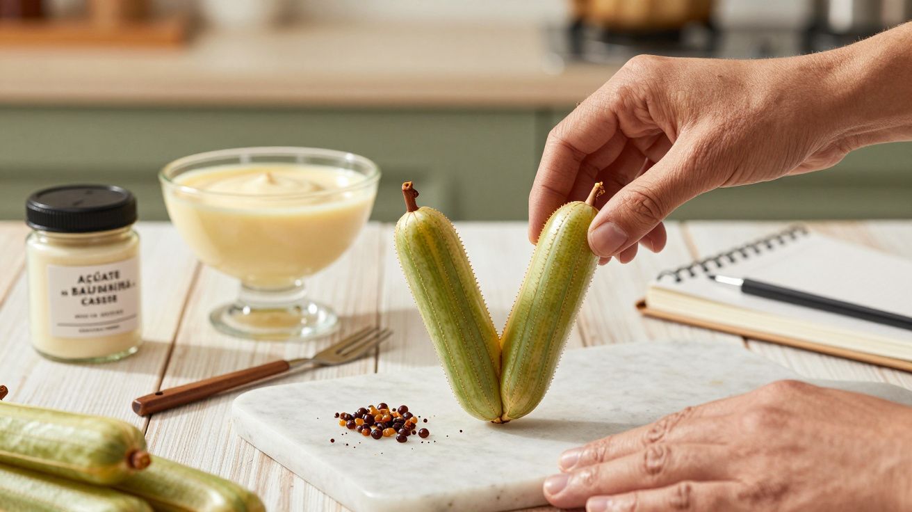 Mãos segurando dois pepinos pequenos em pé numa superfície de mármore, com frascos e taça no fundo.