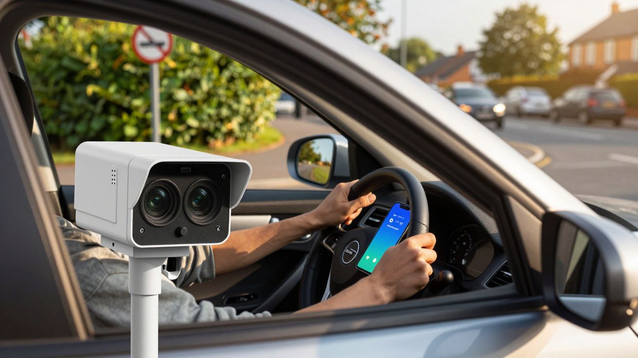 Condutor usa smartphone ao volante; câmara de segurança instalada nas proximidades.