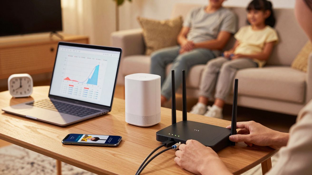 Pessoa configura router em mesa com portátil enquanto duas pessoas estão sentadas no sofá ao fundo.